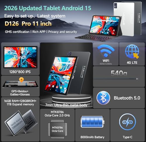 Image of Android 15 Tablet 2026 11 inch Tablet with Keyboard,128GB ROM 16GB RAM 2TB Expand,8000mAh,Octa-Core Tablets with 5G /2.4G WiFi,Incell Big Screen,13MP+8MP Camera,Bluetooth5.0,GPS,GMS,Gery