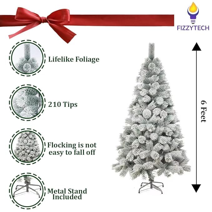 Image of Fizzytech 6 Feet Premium PVC Pine Needle Snow-Flocked Artificial Christmas Tree with 210 Branch Tips - Easy Assembly, Sturdy Metal Stand - Elegant Christmas Decoration for Home & Decor