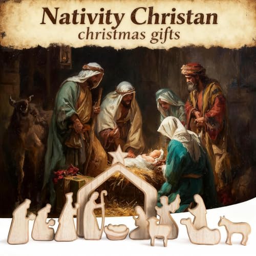 Image of NEROSUN Nativity Scene Set, 13Pcs Wooden Christmas Nativity Scene Miniature Holy Family Figurines, Minimalism Boho Tabletop Christmas Manger Decorations for Christan Indoor Home Mantel Display