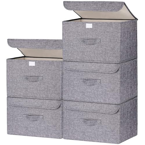 Homsorout Foldable Storage Boxes with Lids - Wardrobe Organiser Bin with Handle Fabric Basket Containers for Clothes, Book, Shelf, Office, Large x5-23.75L, Grey — image 1