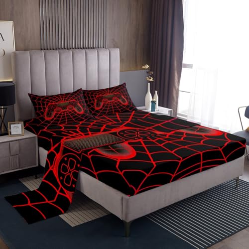jejeloiu Gamer Fitted Sheet Full Size Spider Web Bedding Set for Boys Girls Teens Red Bed Sheets Set Breathable Soft Lightweight Microfiber