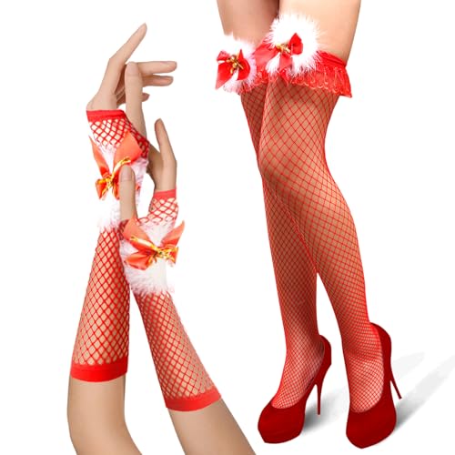 Netzstrumpfhose Rot und Netzhandschuhe Rot Anzug,mit Glocke Weihnachten Halterlose Strümpfe Rot, Rote Netzhandschuhe, Weihnachten Netzstrumpfhose,...