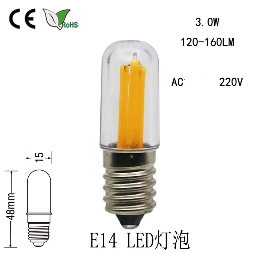 RZL Lighting, Confezione da 20 Lampadine a Filamento LED T15 AC220V E12/E14 2W LED Lampada da Frigo Mini Lampada Notturna Indicatore Luminoso(2200K Yellow,E12)