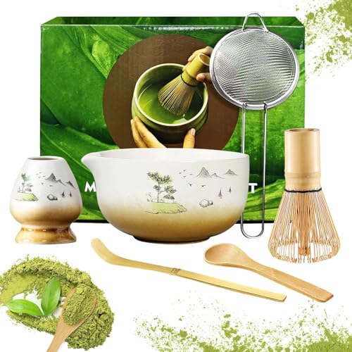 Simsky Matcha Set, Japanese Tea Set, Matcha Bowl, Shovel, Strainer, Matcha Broom Holder, Matcha Broom Stand, Matcha Tea Set (Yellow Landscape)