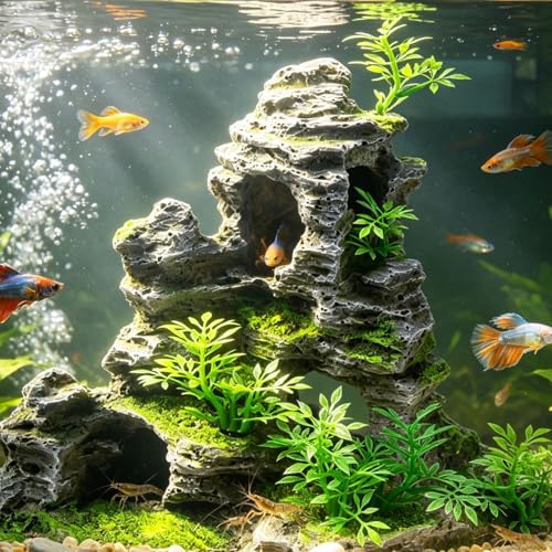 Image of Saim Aquarium Mountain View Stone Ornament, Artificial Mountain Hill View Stone Rock Cave Aquarium Decorations Fish Tank Decor for Betta Cichlids Hideaway Cave, Hermit Crab Hideout - Large
