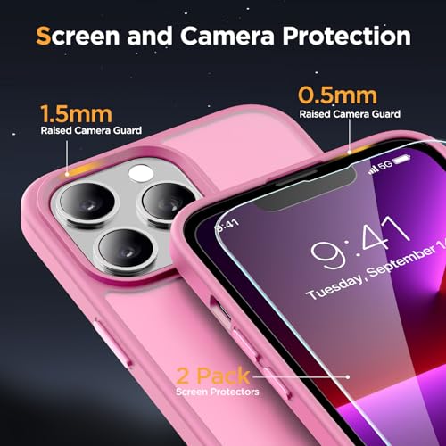Image of Miracase Magnetic for iPhone 13 Pro Max Case 6.7 inch (Compatible with MagSafe)(with 2X Screen Protectors) Military-Grade Protection, Anti-Fingerprint Translucent Matte Phone Case Cover, Mes Pink