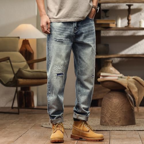Men's Ripped Baggy Jeans Slim Fit Distressed Patchwork Harem Pants Y2K Causal Straight Wide Leg Cargo Jeans4