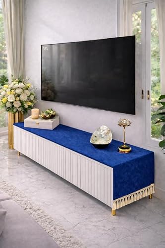 WWW.THROWPILLOW.IN Navy Blue Fringe TV Unit Runner 13x60 Inches | Fits Perfectly on 4 Feet Center Table, Dresser, Office Table, Book Desk, Entry Console, Console Table, Entrance Cabinet, TV Cabinet