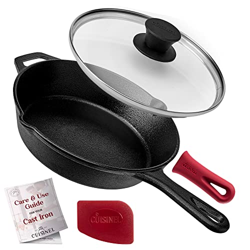Cuisinel Cast Iron Skillet With Lid - 8"-Inch Frying Pan + Glass Cover + Silicone Grip Handle Holder - Pre-Seasoned Cookware - Indoor/Outdoor Use - Grill, Stovetop, Camping Fire, Induction Oven Safe #TOP15
