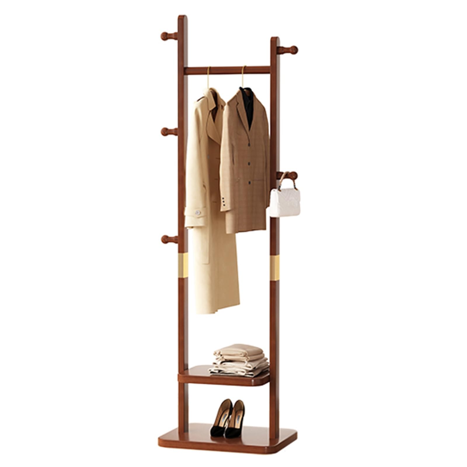 FGXHHS Freestanding Coat Rack with Double Shelf, Solid Wood Hanger Stand Hooks for Entryway, Hallway, Living Room, Bedroom - Stylish Brown 24in Design