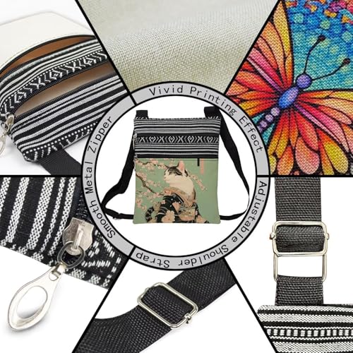 Kimono Cat Messenger Bag Small Ethnic Pattern Printed Adjustable Strap Crossbody Zipper Bag Kimono Cat Phone Bag Wallet Cute Shoulder Handbag for Women - 24