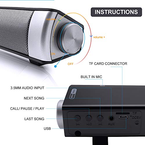 Soundbar, Bingxue soundbar Bluetooth per TV Altoparlanti per computer con cavo e connessione wireless, Soundbar supportano le modalità della scheda TF/AUX/BT/RCA(opzione colore) (Silver-2)