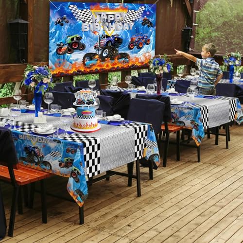 Monster Truck Birthday Decorations Party Decorations Set Include Truck Balloons, Tablecloth, Backdrop, Cake Cupcake Toppers, Hanging Swirls, Banner Monster Truck Party Supplies for Boys Birthday Decor