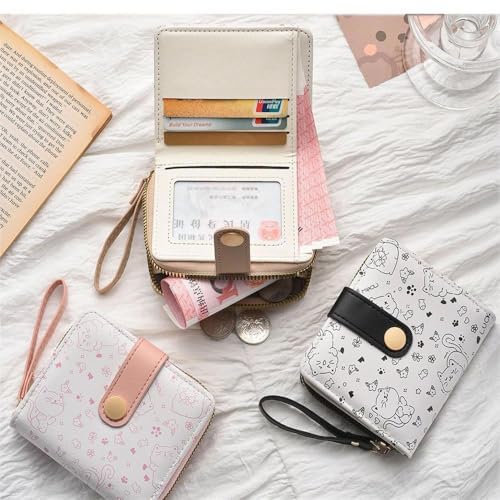 Cat Themed Leather Wallet for Women Minimalist Small Cute Coin Purse with ID Window Brown Kawaii Credit Card Holder for Girls Ladies Travel3