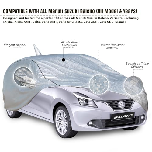 Image of Pivalo Car Cover for Maruti Baleno All Model & Years (2015-2025) 100% Waterproof with Mirror & Antenna Pocket Triple Stitched Bottom Elastic Dustproof Full Body Protection (Heat & UV Resistant,Silver)