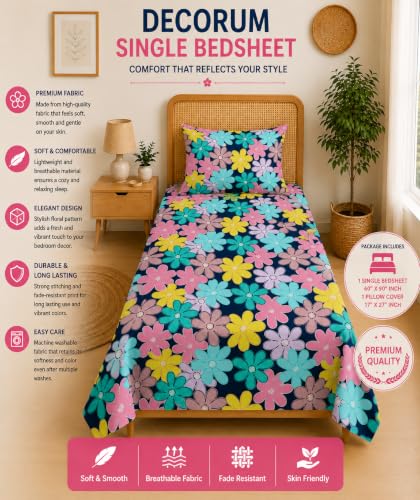Image of DECORUM Glace Cotton Single Bedsheet with 1 Pillow Cover | Soft, Durable, Lightweight & Skin-Friendly Fabric| Suitable for Single /Diwan Bed Size