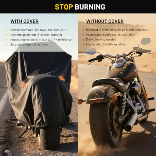 Image of XYZCTEM Motorcycle Cover All Season Waterproof Outdoor Protection | Fit up to 96.5 Inch Tour Bikes, Choppers and Cruisers - Protect Against Dust, Debris, Rain and Weather (Black)