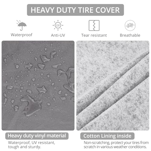 Image of Justech 4 Pack Tire Covers, Heavy Duty Vinyl Waterproof Coating Wheel Covers, Windproof Tire Wheel Protector Tire Accessories for RV, Truck, Trailer, SUV, Jeep, Fits Tire Diameter 27-29 inch, Grey