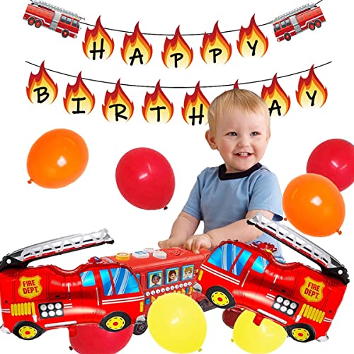 32 Pcs Fire Truck Birthday Party Supplies Include Fireman Happy Birthday Banner,Fire Truck Foil Mylar Balloon And Number 3 Foil Balloon For Boys Firemen Theme Birthday Party #TOP6