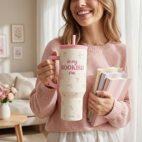 Image of SANDJEST Book Lovers 40oz Tumbler With Handle and Straw, in My Bookish Era Insulated Stainless Steel Travel Coffee Mug for Women Girls Bookworms, Gift Idea for Birthday Christmas Mothers Day