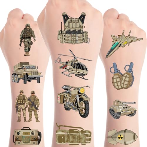 Papiailove Army Temporary Tattoos - 8 Sheets Military Tattoo Stickers, Soldiers Aircraft Tanks Helicopter Army Birthday Party Prizes Rewards Gifts Party Favors