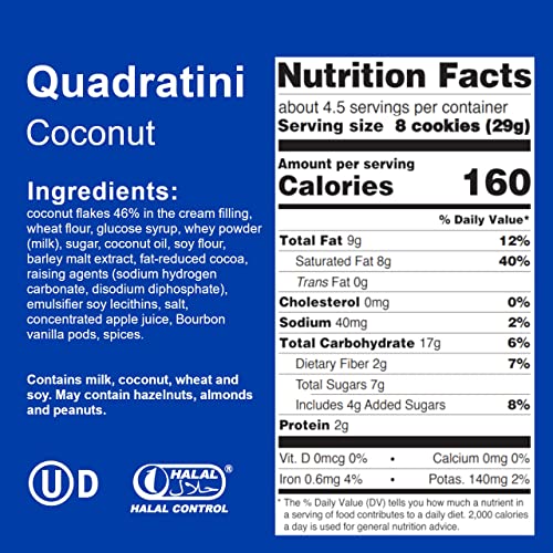 Image of Loacker Quadratini Coconut bite-size Wafer Cookies| SMALL Pack of 6 | Crispy Wafers with 4 creamy layers of finest Coconut cream filling | great for snacks & desserts | No artificial flavorings, added colors or preservatives | 4.41 oz per bag