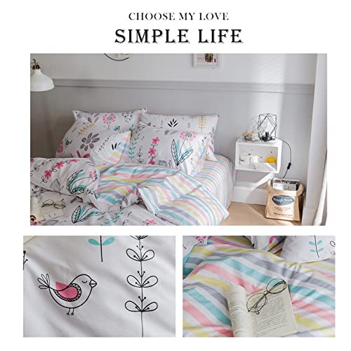 Highbuy Floral Printed Bedding Sets King Duvet Cover Girls Cotton King Garden Aesthetic Reversible Striped 3 Piece Bed Boho Comforter Cover Duvet Cover Set #TOP4
