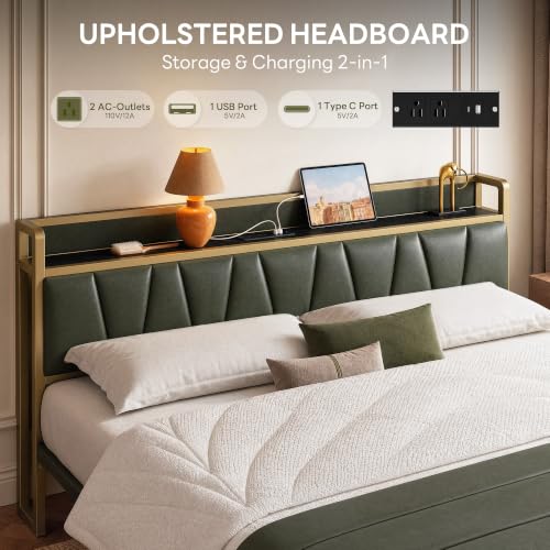 Image of LIKIMIO California King Size Bed Frame with 2 Drawers and Charging Station | Platform Bed with Upholstered Storage Headboard, No Box Spring Needed, Easy Assembly, Sturdy, Green