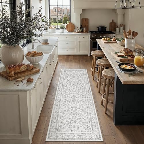 PureCozy Grey 2x7 Runner Rug Vintage Area Carpet Hallway Indoor Kitchen Washable Neutral Low Pile Traditional Distressed Gray Retro Accent Throw Rug Non Slip for Laundry Bathroom Office 2' x