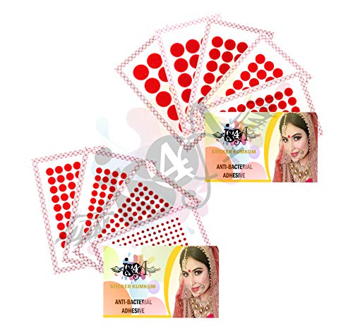 IS4A 447 Multicolored Bollywood Forehead Stickers Adhesive Body Jewelry 9 Cards of Different Sized Tattoo Velvet Bindi Round Dot (RED)