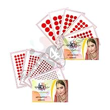 IS4A 447 Multicolored Bollywood Forehead Stickers Adhesive Body Jewelry 9 Cards of Different Sized Tattoo Velvet Bindi Round Dot RED