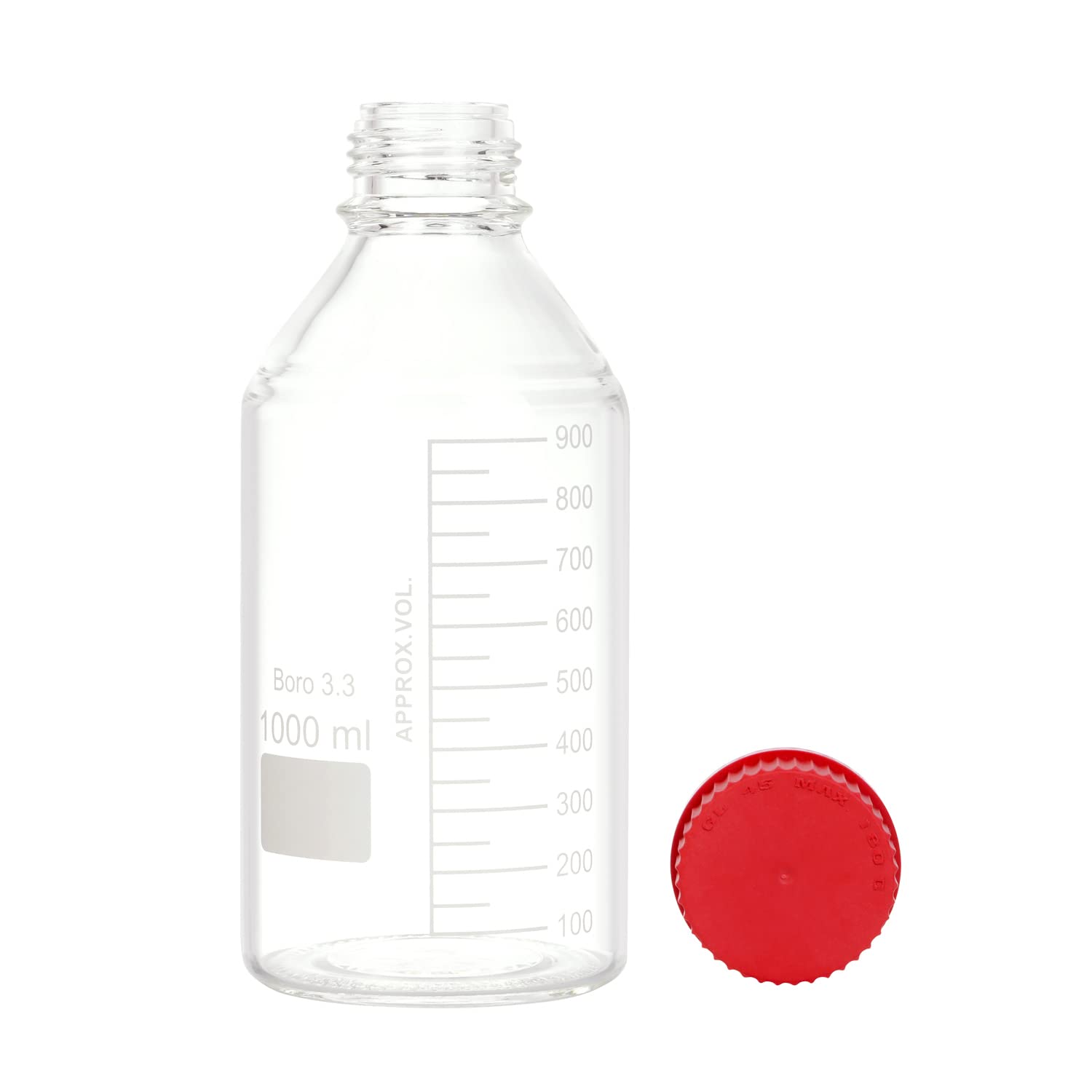 2 Stück 1000 ml abgestufte runde Reagenzmedien-Aufbewahrungs-Laborflaschen mit GL45 PBT rotem Schraubverschluss, 3,3 Borosilikat-Klarglas