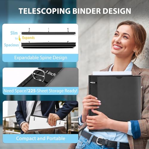 Image of WOT I 1 Inch Telescoping 3 Ring Binder 4 Pack, Expandable Flexible Binder with Customizable Front Cover & Clear Catalog Pocket, Holds 8.5 inchx11 inch Paper, School Office Supplies, Black