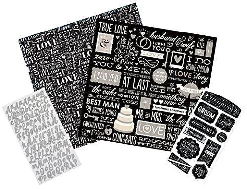 Scrapbook Stickers And Scrapbooking Paper For Wedding - Engagement, Bridal Shower, Marriage Anniversary |For Photo Album, Planner, Journal | 12X12 Black, White, Chalkboard Cardstock With Sticker Set #TOP7