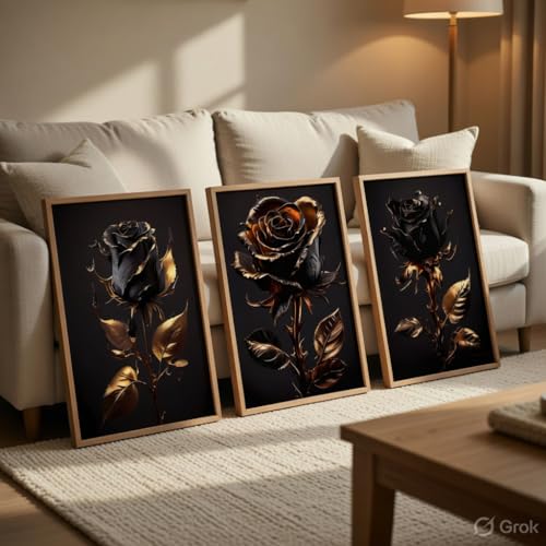 Image of Livin'luxe Black Gold Rose Wall Painting Set of 3 with Wooden Frames | Luxury Floral Artwork HD Sparkle Laminated MDF Wall Decor | Elegant Rose Wall Art for Living Room Bedroom Office