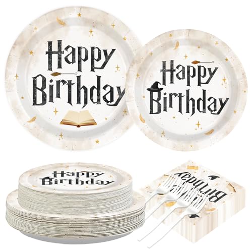 Greencian 200 PCS Magical Wizard Party Supplies Happy Birthday Plates and Napkins Disposable Magic Theme Tableware Set for Kids Birthday Holiday Decorations Serves 24