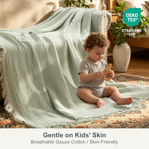 Image of EMME Muslin Throw Blanket with Tassels, 100% Cotton Gauze, Green, 50 inchx60 inch | Soft Breathable Gauze Throw, Lightweight, Cozy for Adults Couch Sofa Bed, Gifts for Women Mom, Boho Home Decor, All Season