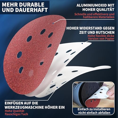 100 Stück Schleifpapier 125mm Klett, 5 in 8 Loch, P40-P400, Wandschleifer für Holz, Metall, Kunststoff