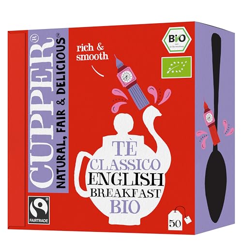 CUPPER Tè Classico English Breakfast Biologico Fairtrade, Tè Nero Ricco e Aromatico, Ingredienti da Agricoltura Biologica, Filtri 100% Biodegradabili, Confezione da 50 Bustine