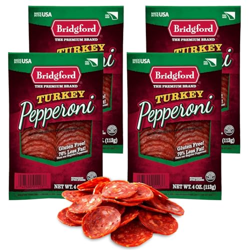 Bridgford Sliced Turkey Pepperoni 4 oz Pack of 4 - Pepperoni Slices for Pizza and Sandwiches - Naturally Smoked Healthy Snacks for Low-Carb Keto Diets - Ready-to-Eat Slices for On-the-Go Snacking