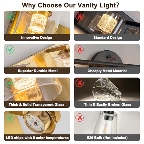 Image of foucasal LED Bathroom Vanity Lights, 5CCT Dimmable 2700K-4500K Vanity Light Fixtures Over Mirror, Modern Vanity Lighting for Bathroom Restroom Hallway Living Room (Brass, 4-Light)