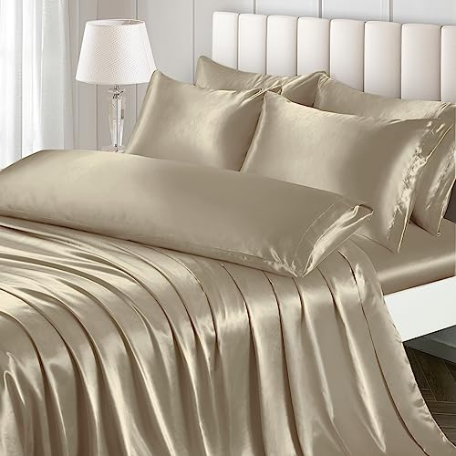 Image of Ersmak Luxury 7-Piece Silky Sand Satin Bed Sheets Set - King Size with Deep Pocket, Flat Sheet, 4 Pillowcases & Body Pillowcase