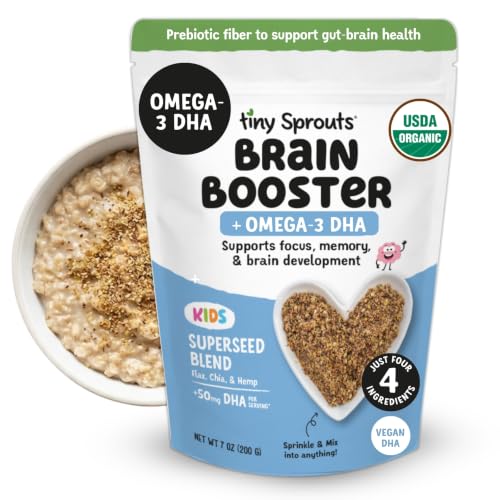 Tiny Sprouts Organic Milled Flax Chia & Hemp Seeds Brain Booster + Vegan Omega-3 DHA | Kids Focus Learning & Cognitive Support | Prebiotic Fiber Protein Iron Zinc | Gluten-Free Plant-Based Superseed Blend | 7 oz