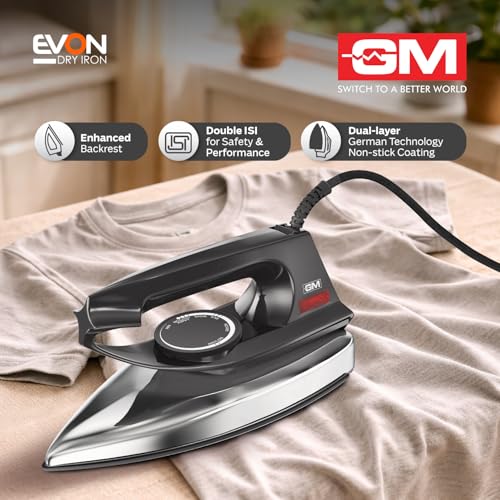 Image of GM Evon 750 Watt Dry Iron for Wrinkle-Free Ironing - Black