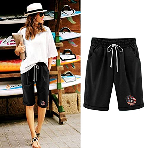 Bermuda Shorts For Women,Womens Linen Shorts Summer Drawstring Short Casual High Waisted Cotton Athletic Shorts With Pocket Black #TOP1