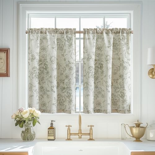 Vangao Linen Kitchen Curtains Floral Tier Drapes 36 Inch Farmhouse Botanic Cafe Curtains Small Window Drapes Rustic Half Window Treatments for Living Room Bathroom Laundry 2 Panels Green on Beige