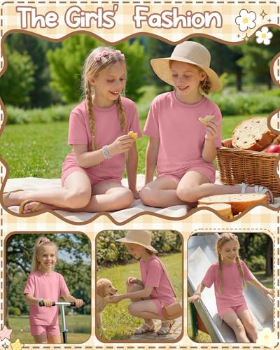 Image of Oakgarden Summer Outfits for Girls 5-14Y Athletic Casual Sets Kid Short Sleeve Shirt Bike Shorts 2 Piece Tween Trendy Clothes