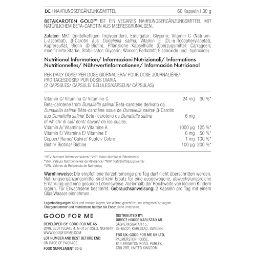 Betakaroten Gold® Beta Carotin Kapseln, 6 mg für sanfte Bräune von innen - Norwegische Qualität - 60 Kapseln - vegan - mit Kokosöl, Biotin, Kupfer & Vitamin C,A,E - 3-Monats-Vorrat
