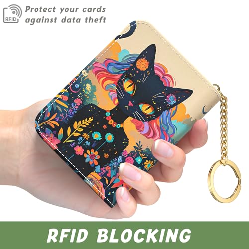 Image of Aiawoxc Credit Card Holder, Small RFID Wallet Slim Leather Card Organizer Case with Zipper and Keychain, Elegant Cat