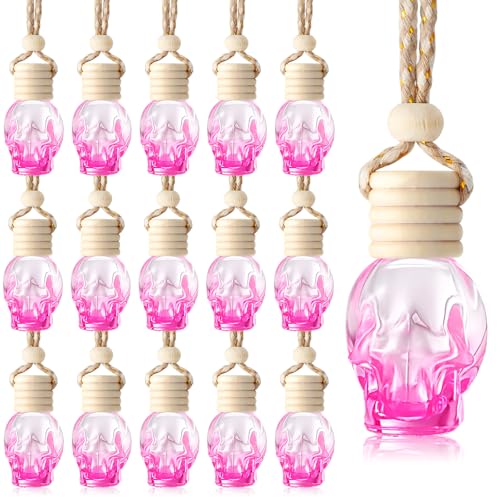 Image of 20 Pieces Hanging Car Air Freshener Gradient Pink Diffuser Bottles Empty Glass Perfume Refillable Essential Oil Aromatherapy Diffuser Pendant for Auto Interior Accessories(Skull Style)